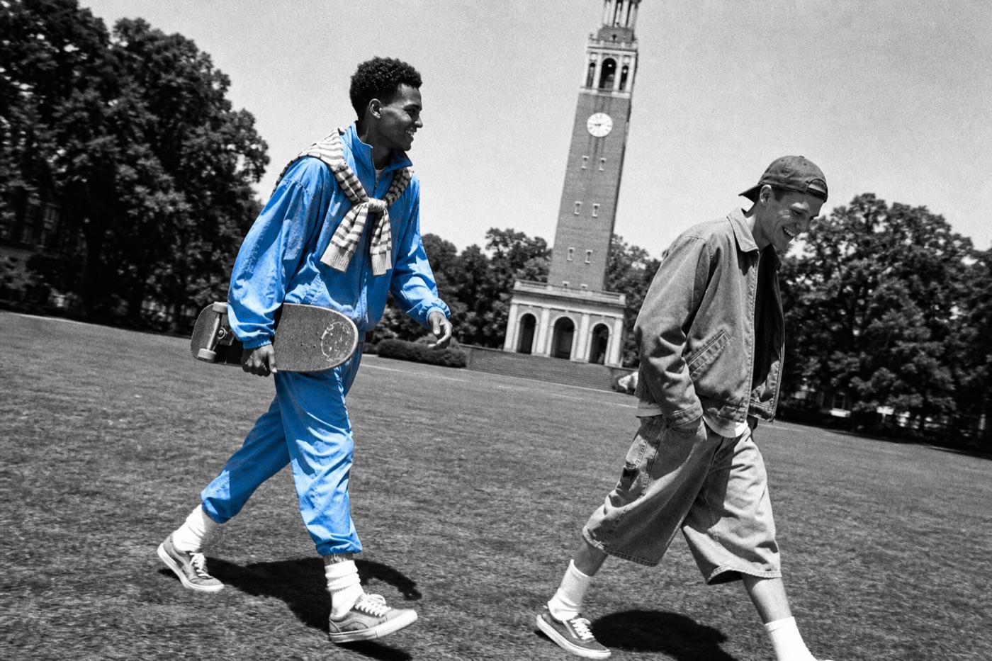 Nylon track set crossing the Bell Tower lawn