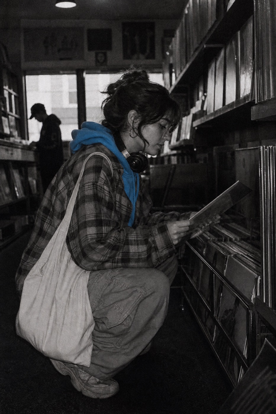 Flannel over hoodie, digging crates