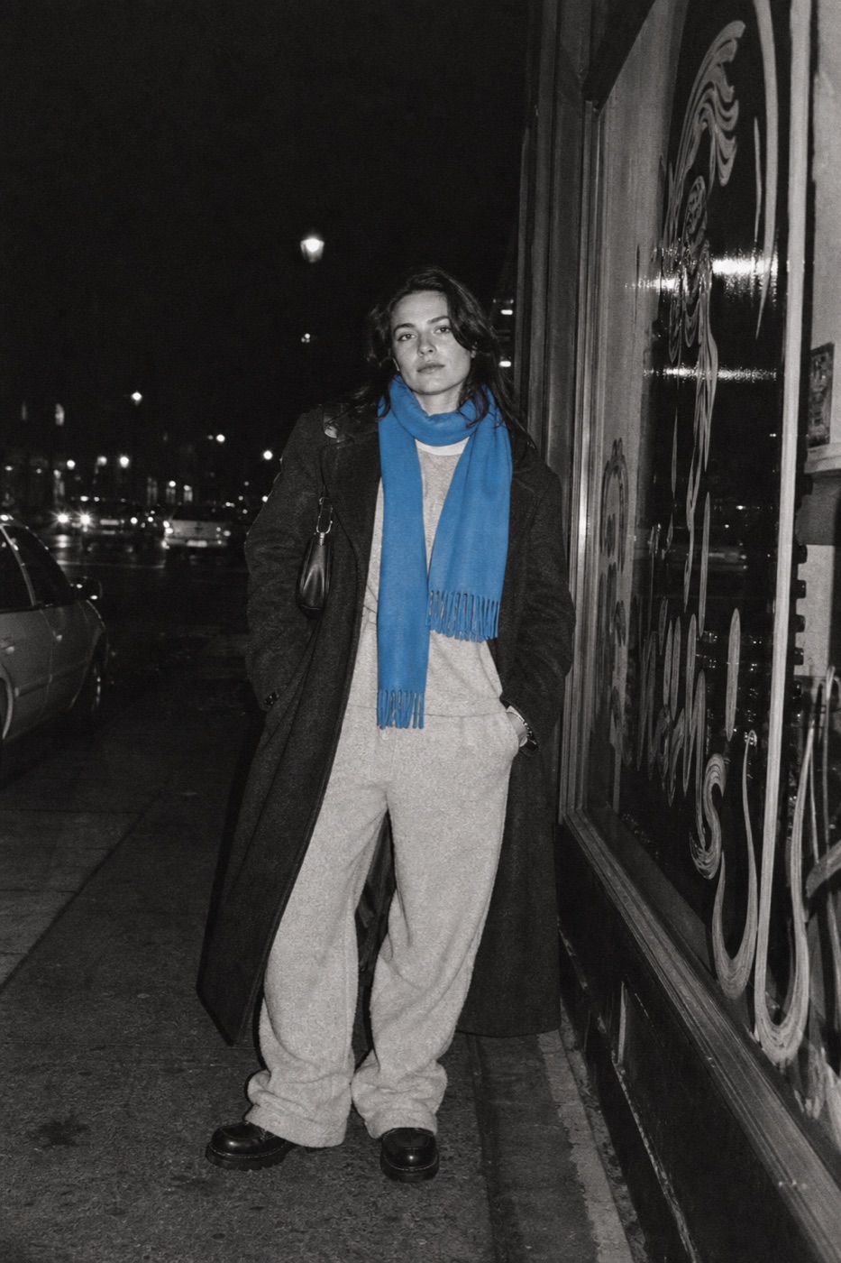 Overcoat and blue scarf, Franklin at night
