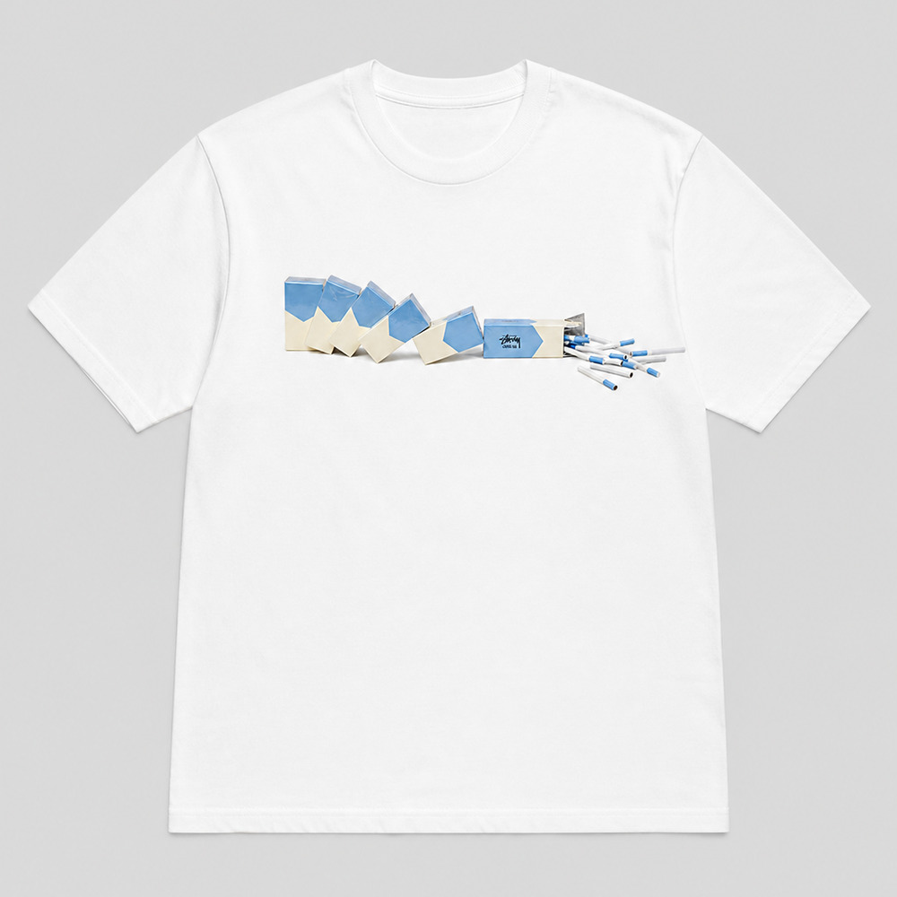 White Chapel Hill tee with Carolina-blue domino cigarette pack chest print