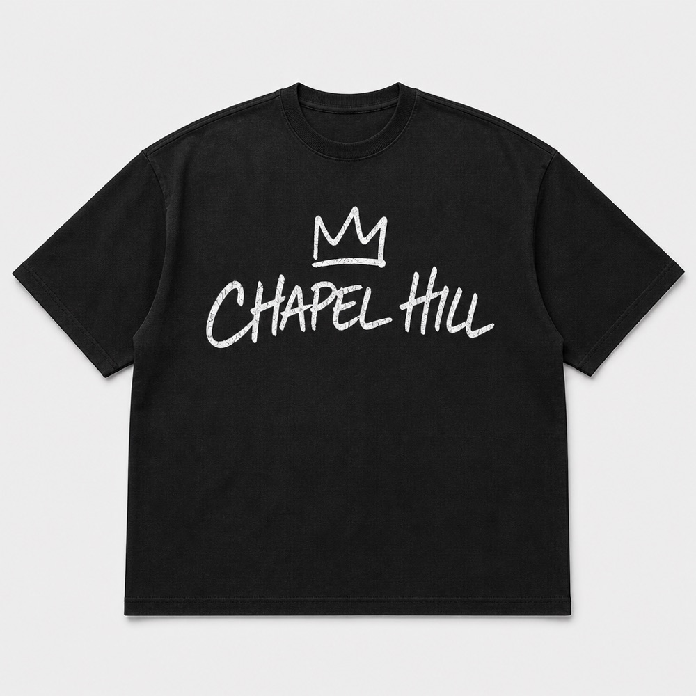 Chapel Hill Chapter Tee, black with white handstyle print